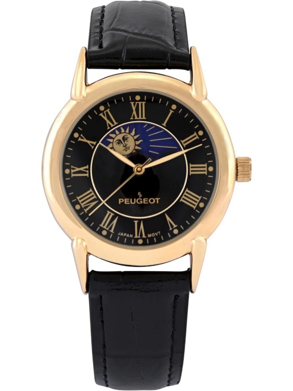 Men's Vintage Moon Phase Leather Dress Watch - 14K Gold Plated, Elegant Style